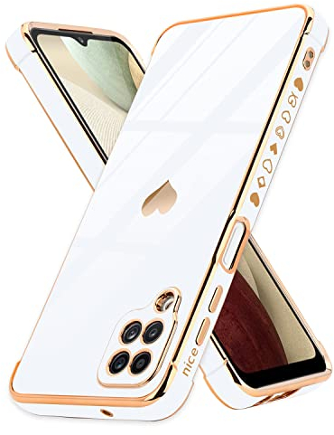 Urarssa Kompatibel mit Samsung Galaxy A12 und Samsung Galaxy M12 Handyhülle Herz Mädchen Hülle Süß Galvanik Liebesmuster Silikon Schutzhülle Kameraschutz Stoßfest Bumper Case für Samsung A12/M12 Weiß