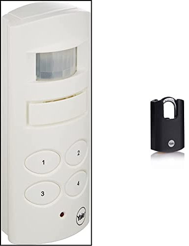 Yale SAA5015 Wireless Shed and Garage Alarm, Free-Standing or Wall-Mounted, White & Y121B/40/125/1 Brass Closed Shackle Padlock (40 mm) - Black Outdoor Weatherproof Lock - 3 Keys - High Security