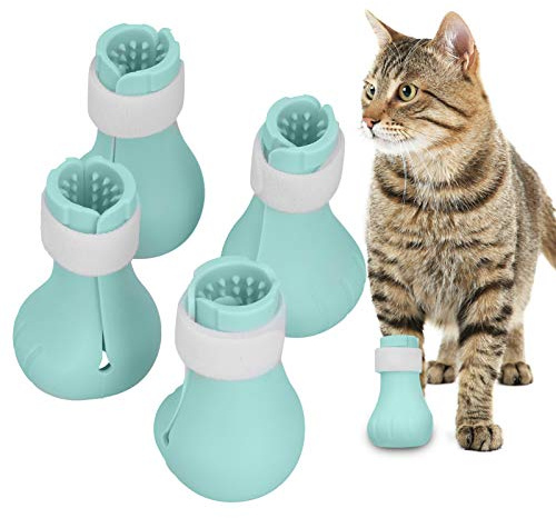 4pcs Bottes Anti-Rayures pour Chats, Couverture De Griffe De Chat Couvre-Griffes De Chat Couvre-Pieds Réglables Silicone Gants De Protection des Ongles pour Le Bain Le Rasage (Vert)