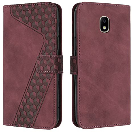 OKZone Kompatibel mit Samsung Galaxy J330/J3 2017 Hülle, PU Leder Handyhülle Tasche Wallet Schutzhülle Flip Cover Klappbar Stoßfeste Brieftasche Etui mit Magnet Kartenfach TPU Lederhülle (Rot)