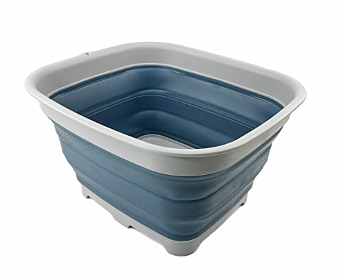 SAMMART 15L Collapsible Dishpan with Draining Plug - Foldable Washing Basin - Portable Dish Washing Tub - Space Saving Kitchen Storage Tray (Grey/Steel Blue)