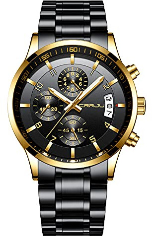CRRJU Herren Uhr wasserdichte Chronographen Armbanduhr Männer Edelstahlarmband Business Analog Quarzuhr mit Kalender (Schwarz Gold Gold)