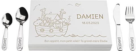 LAUBLUST Couverts personnalisés pour Enfants - Boite a Couvert Individuel - Cadeau personnalisé - L'Arche de Noé - Blanc - 4 pièces - Acier Inoxydable