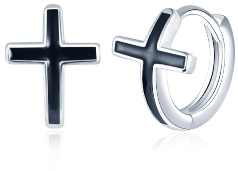 MicVivien Kreuz Ohrringe Herren 925 Sterling Silber Creolen Damen Schwarz Kreuz aus Emaille Huggie Creolen Ohrringe Klein Creolen Schläferohrringe Schmuck für Frauen Männer Damen