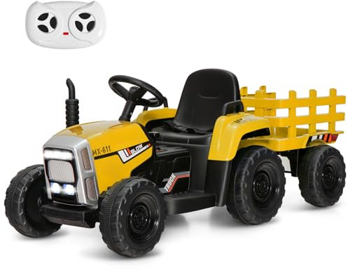 COSTWAY Ride on Tractor and Trailer, 12V Battery Powered Electric Kids Toy Car with Remote Control, LED Lights, USB & Bluetooth Music, Four Wheels Ride on Toys for Children Ages 3+ (Yellow)