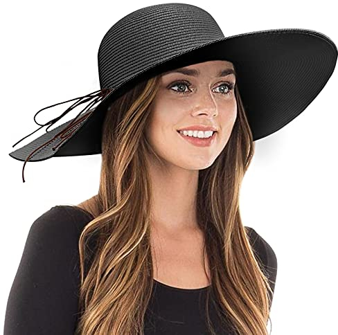 DRESHOW Femme Capeline Chapeau de Paille Chapeau à Large Bord Casquettes Anti-Soleil Respirant Anti UV Chapeau de Paille Plage Chapeau de Soleil UPF 50+