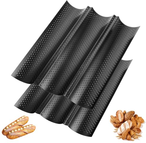 VIDETOL 2 Stück Baguette Backform, Baguetteblech mit Antihaftbeschichtung, Baguette-Backblech für 3 Baguettes, Schwarz Brötchen Backform Gelocht für Baguette und Stangenbrote