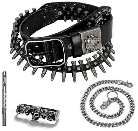 XBUIFH Full Bullet Rivet Belt Mens Real Leather Belt Punk Rocker Party Waistband With Biker Chain, Black, 115cm Belt with Chain