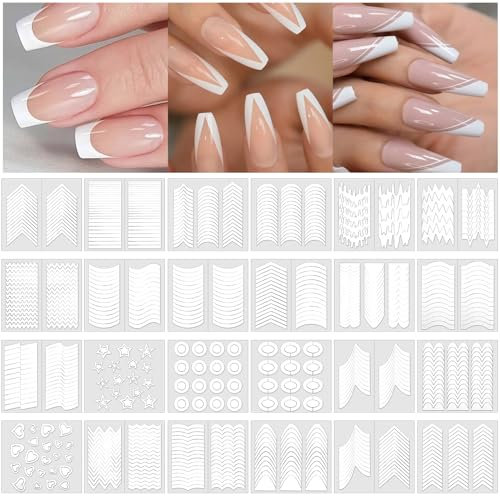YUXIANLB 24 Sheets French Manicure Nail Stickers for Nail Art, 24 Designs French Tip Guides, Self-Adhesive Nail Art Stickers Stencils for Manicure Decoration DIY Tools