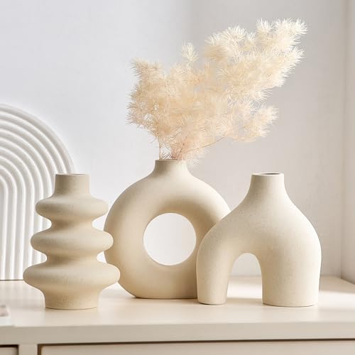 Weiße Keramikvase Satz von 3, kleine Blumenvasen für Pampasgras, Moderne Boho Vasen für Dekor, runde weiße Vasen Mittelstücke für Hochzeit Wohnzimmer Schlafzimmer Couchtisch Eingang
