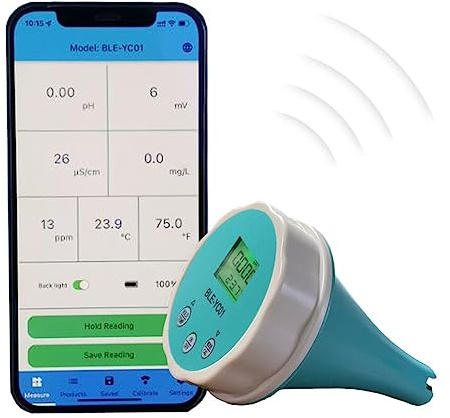 Kadxyan Bluetooth-Pool-Monitor, Digitales Temp-Chlor, 6-in-1-Smart-Pool-Wasserqualitätstester, Pool-Thermometer, PH CL EC TDS ORP-Temperatur Für Schwimmbad, Aquarium, Labor