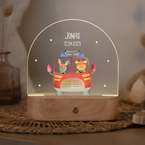 LILUNA - Personalisiertes Nachtlicht für Jungen Feuerwehr Freunde | dimmbar, kabellos, aufladbar | individuelles Taufgeschenk