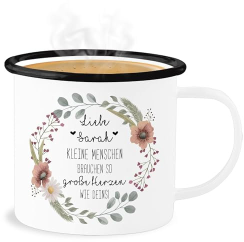 Emaille Becher Blechbecher - Erzieher - Kleine Menschen brauchen so große Herzen wie deins | Erzieherin Geschenk | Tagesmutter Geschenke | Krippe Abschiedsgeschenk KiGa - 300 ml - Weiß Schwarz