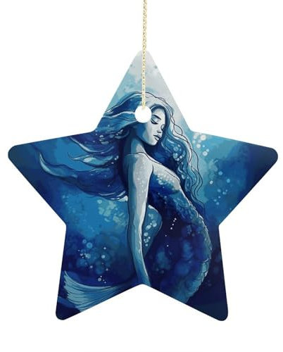 Weihnachtsschmuck Blaue Meerjungfrau Keramik Ornament Christbaumschmuck Stern Hängende Ornament für Weihnachtsbäume Hängende Porzellan Ornament für Weihnachten