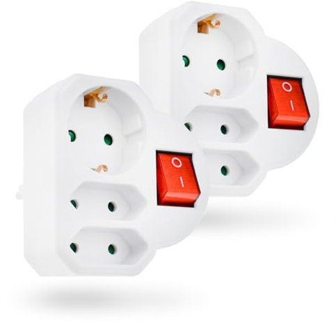 feletec 3-fach Steckdosenadapter 1x Schuko, 2x Euro, weiß, mit Schalter, 2 Stück, Mehrfachstecker, Mehrfachsteckdose