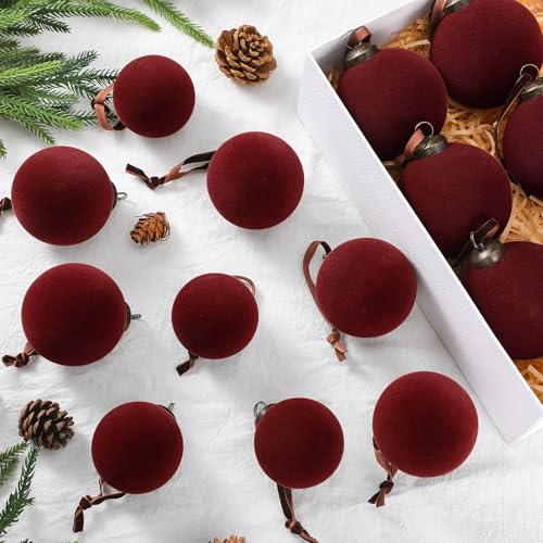 Foilswirl Samt-Weihnachtskugeln, beflockt, Kunststoff, Samt, Weihnachtsschmuck, Weihnachtsbaumschmuck, Weihnachtsbaumschmuck, Hängedekoration, Weinrot, 18 Stück