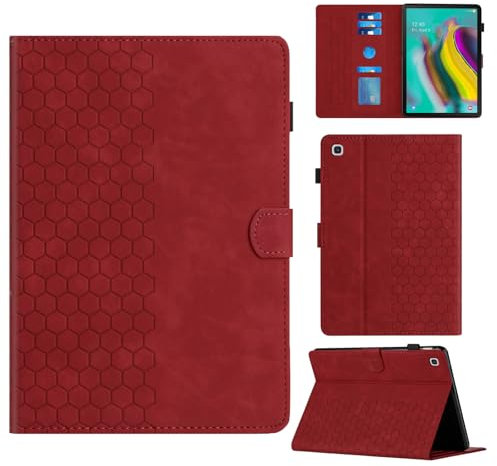 Rosbtib Hülle für Samsung Galaxy Tab S5e 10.5 Zoll 2019 Modell SM-T725/T720 Gehäuse mit Ständer mit Kartenschlitz, Sechseckiges strukturiertes Muster Kunstlederhülle Für Galaxy Tab S5e, Rot