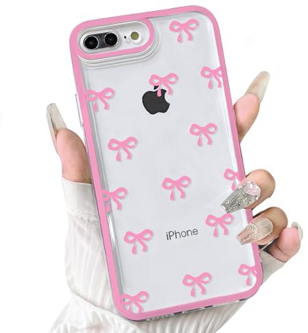 NITITOP Compatible with iPhone 7 Plus / 8 Plus Case Cute Clear Rosered Durable Ribbon Bowknot Pattern for Girls Women Soft TPU Transparent Full Camera Lens Shockproof Protective Phone Cover - Rosered