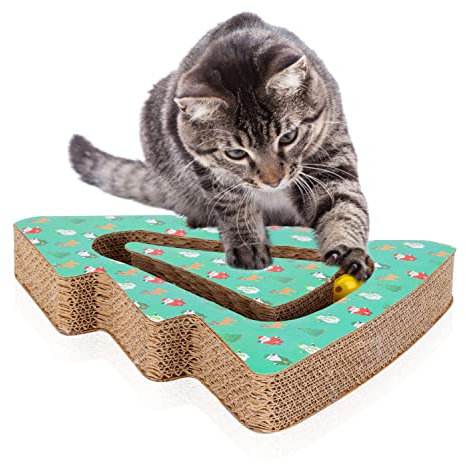 Nobleza - Rascador para Gatos con Hierba Gatera,Cat arañazos cartón con Bola de Campana,Cartón Rascador de Gatos,Forma de árbol de Navidad,34 * 38.5 * 5.5cm