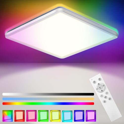 PAZEAU 24W LED Deckenleuchte Dimmbar mit Fernbedienung, Deckenlampe RGB Farbwechsel 3200LM IP54 Rund für Schlafzimmer Kinderzimmer Küche Wohnzimmer, 3000K-6000K, Rgb+kaltweiß+warmweiß