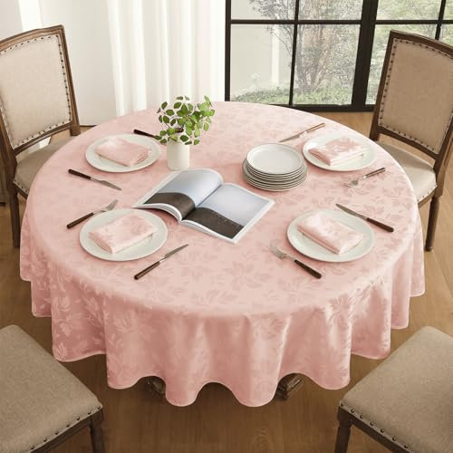 Romanstile Nappe Ronde Rose 140cm, Élégance Florale en Jacquard, Imperméable et Anti-Tache, Idéale pour Tables Extérieures,Fêtes Printanières,Pâques,Saint-Valentin et Célébrations Familiales en Jardin