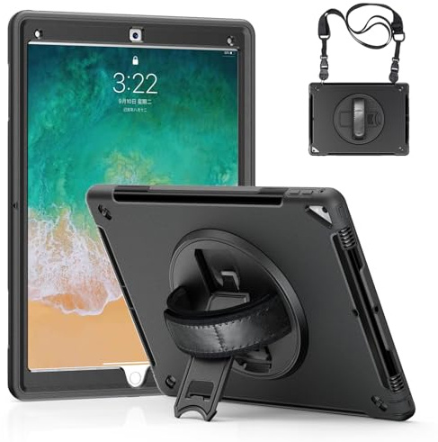 JZCZMCE Case for iPad Pro 12.9 inch 2017/2015 (2nd & 1st Generation), [360 Rotating Hand Strap], Heavy Duty Rugged TPU Protective Cover with Handle Hand & Shoulder Strap & Pencil Holder,Black
