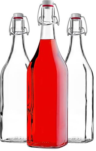 KADAX Bügelflaschen mit Bügelverschluss, 1 Liter, 3 Stück, leere Glasflaschen, Flaschen zum Befüllen, Saftflaschen aus Glas, Bügelflasche für Likör
