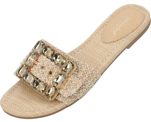 Palado Damen Pantoletten Adhana by Sila Sahin - bequeme Sandalen mit Glitzerschnalle - elegante Hausschuhe - modische Sommerschuhe Beige UK5,5 - EU38