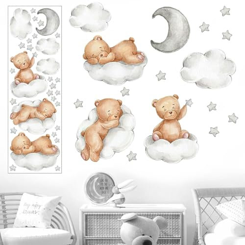 Pegatina De Pared De Oso En Las Nubes, 90x30 cm Adhesivo De Oso De Peluche, Nubes Estrellas Luna Adhesivos Pared, Habitación Infantiles Niños Bebés Decoracion Habitacion Bebe