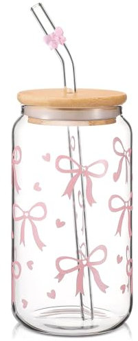 SGFNXB Bow Cup,Iced Coffee Cup,Pink Bow Glass Tumbler with Straw and Lid 16 oz Glass Mug for Bubble Tea Coffee,Gifts for Women Girls Friends