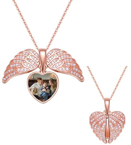 GBTROEY Benutzerdefinierte Foto Engel Flügel Medaillon Halskette, Herz Engel Flügel Bild Anhänger Halskette Memorial Schmuck Geschenke für Mama Frauen