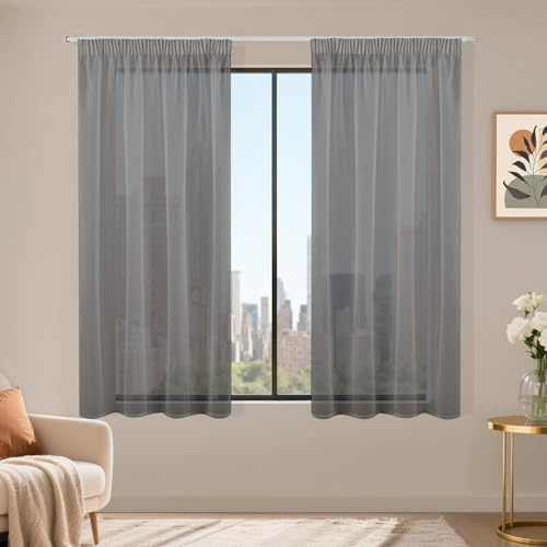 Runyéla Stores Gardinen mit Kräuselband 2er Set, Voile Schiebegardinen 140 x 120 (HxB), Transparent Gardine, Vorhang Dunkelgrau, Vorhänge für Wohnzimmer Schlafzimmer Sheer Curtain