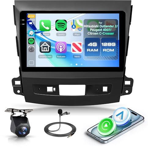 4G+128G Android Autoradio für Mitsubishi Outlander 2/Peugeot 4007/Citroen C-Crosser 9 Touchscreen Autoradio mit Wireless Carplay Android Auto Navi GPS Mirror Link Bluetooth FM/RDS/EQ Rückfahrkamera