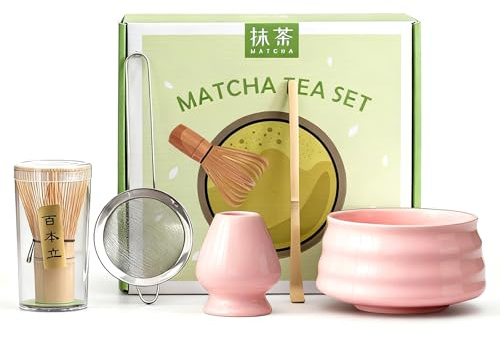 Ftemglo Matcha Kit 5 Pezzi per Principianti, Kit Matcha Completo con Ciotola e Supporto, Cucchiaio, Frusta in Bambù(Chasen), Set Matcha per Cerimonia Tè Matcha Artigianale