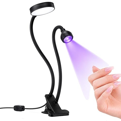 Sunatur Mini lampe UV pour ongles 3 W, avec pince et interrupteur, comprend une lampe de bureau à lumière blanche, une lampe UV portable pour gel, séchage rapide, conception réglable à 360°