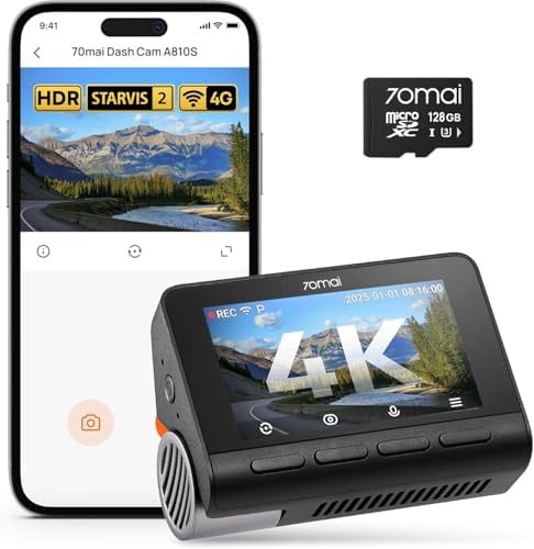 70mai 4K A810S Front Dashcam, STARVIS 2 HDR Night Vision, 24H Parking Monitoring, AI Sensor, ADAS, App Control, Voice Control, 146° Wide Angle, Included 128GB MicroSD Card, Optional 4G LTE