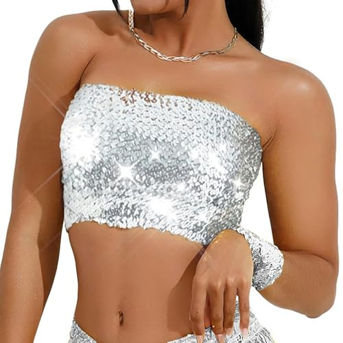 DIELIANHUA Pailletten Oberteil Damen Glitzer Tube Top Sexy Ärmellos Bandeau Schulterfreies Trägershirt Outfits für Fasching Halloween Weihnachten Karneval Party Nachtclub Belly Dancer