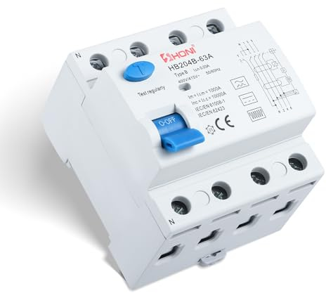 FI Strom Schalter Typ B 63A 30mA 4 Poliger, All strom Intensiver Fehlerstromschutz, Fehlerstromschutzschalter, Automatischer Safe, Ladestation des Stromschalters, DIN Schienen Installation(Blue)