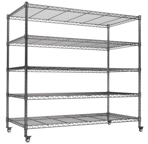 5 Tier Heavy Duty Wire Shelving Unit,1500 KG Metal Shelving Unit for Storage,Garage Shelving Units,Rolling Storage Rack on Wheels,Adjustable Shelves & Leveling Feet,for Kitchen Garage,122x61x182CM