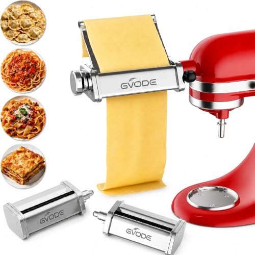 GVODE 4 Set accessori per la pasta in acciaio inossidabile per KitchenAid | include piastra inox rimovibile, sfogliatrice, taglia-spaghetti e fettuccine – Accessorio per KitchenAid