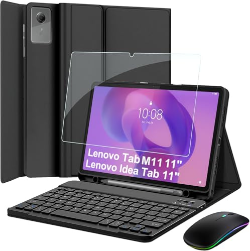 Nanhent Custodia per tastiera Lenovo Idea Tab 11 2025/M11 11 2024 con portapenne, mouse LED Bluetooth 2.4G, protezione schermo 9H, vetro temperato, tastiera wireless magnetica staccabile
