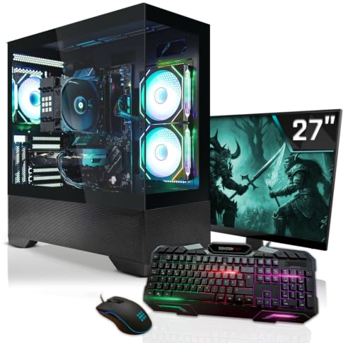 SYSTEMTREFF Gaming Komplett PC Set - AMD Ryzen 7 5700 - RTX 5060 8GB | AMD 8-Kern CPU bis 4.6 GHz, 32GB DDR4, 1TB M.2 NVMe SSD, Nvidia Grafik, Windows 11, 27 Zoll TFT Display, für Gaming