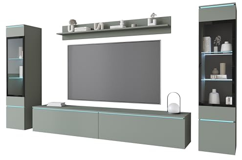 MINIO go for it - Wohnwand 4-Teilig Set Veve 2, Hängend/Stehend - ohne LED | Vitrine, Lowboard, Wandboard, Farbe: Matcha Green