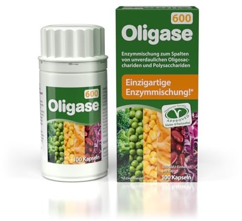Oligase 600, Enzymmischung zur Verdauung von blähenden Kohlenhydraten, Verdauungsenzyme zur Abhilfe bei Blähbauch & Magenschmerzen, frei von Gluten und Fructose, für Vegetarier geeignet, 100 Kapseln