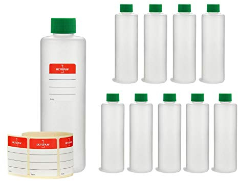 Octopus 10 bottiglie di plastica da 250 ml, bottiglie di plastica, bottiglie vuote in HDPE con tappi a vite verdi, bottiglie vuote resistenti agli agenti chimici