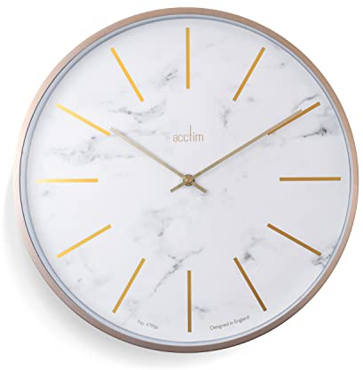 Acctim Luxe Wall Clock Quartz Brushed Metal Embossed Golden Batons Brass Hands Green Marble 40cm (White)