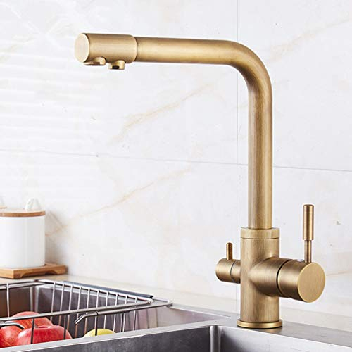 FZHLR Purifier Chrom/Antikes Messing/Gold-Küchenarmatur Mit Gefiltertem Wasser 3-Wege-Wasser-Filter-Hahn Kalt- Und Warm Sink Wasserhahn, Antiquität