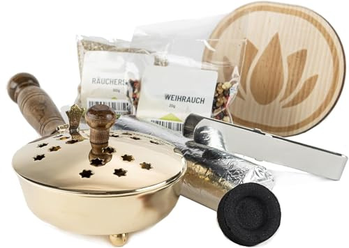 Räucherpfanne Set 6 teilig - Räuchergefäß zum Räuchern von Weihrauch, Harzen, inkl. Weihrauch, Räucherkohle, Räuchersand, Räucherzange (6tlg Messing)