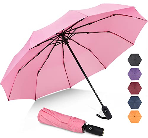ZOMAKE Reise-Regenschirm, kompakt, 10 Rippen, tragbar, zusammenklappbar, winddicht, Paraguas, automatisch, klein, faltbar, leicht, verstaubar, Regenschirm für Damen und Herren, Pink, Large, Kompakt