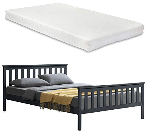 [en.casa] Holzbett Hellnar mit Matratze 180x200cm mit Hohem Kopfteil und Lattenrost Dunkelgrau Bett mit Kaltschaummatratze ÖKO-Tex 100 Kiefernholz Doppelbett Ehebett